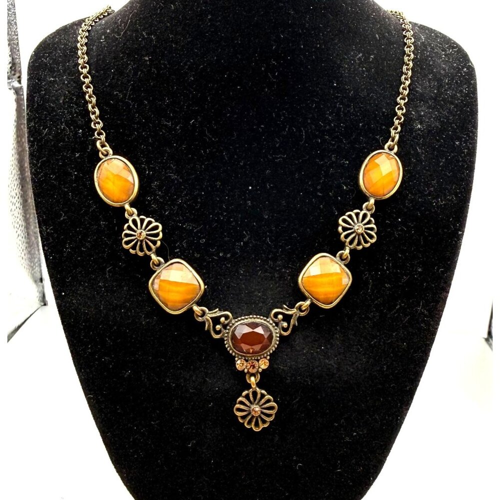 Vintage Boho Antique-Gold Statement Necklace with Amber Glass Stones & Floral Ac
